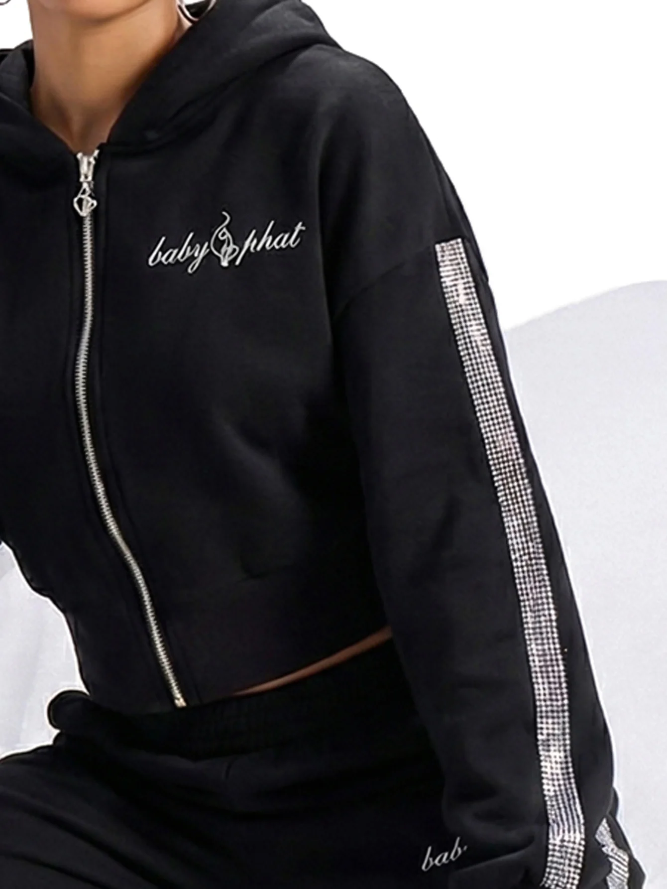 Cropped Hoodie With Rhinestone Trim - Image 5