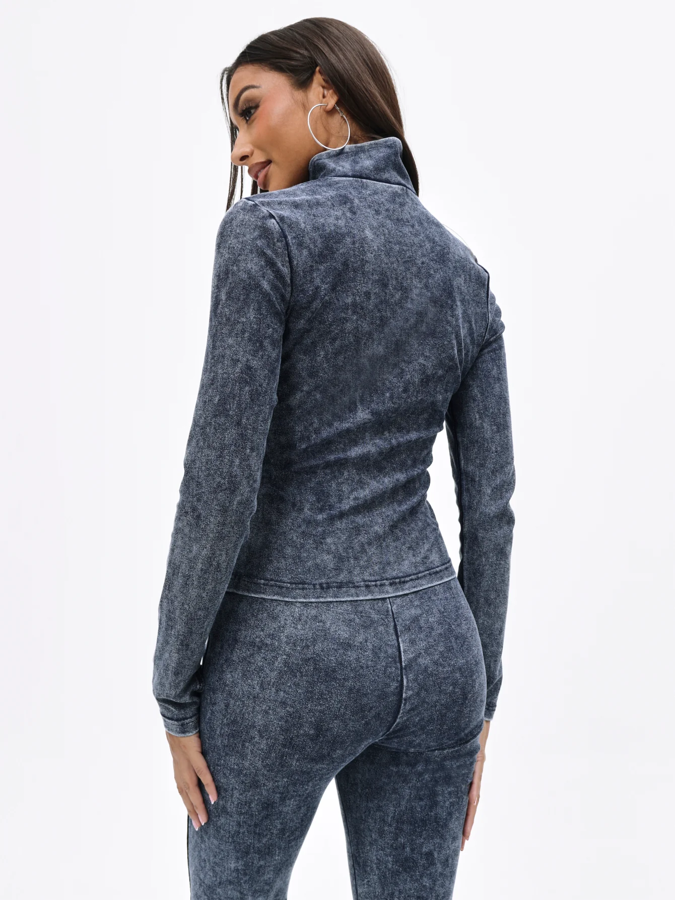 Denim Wash Funnel Neck High Neck Zip Top - Image 2