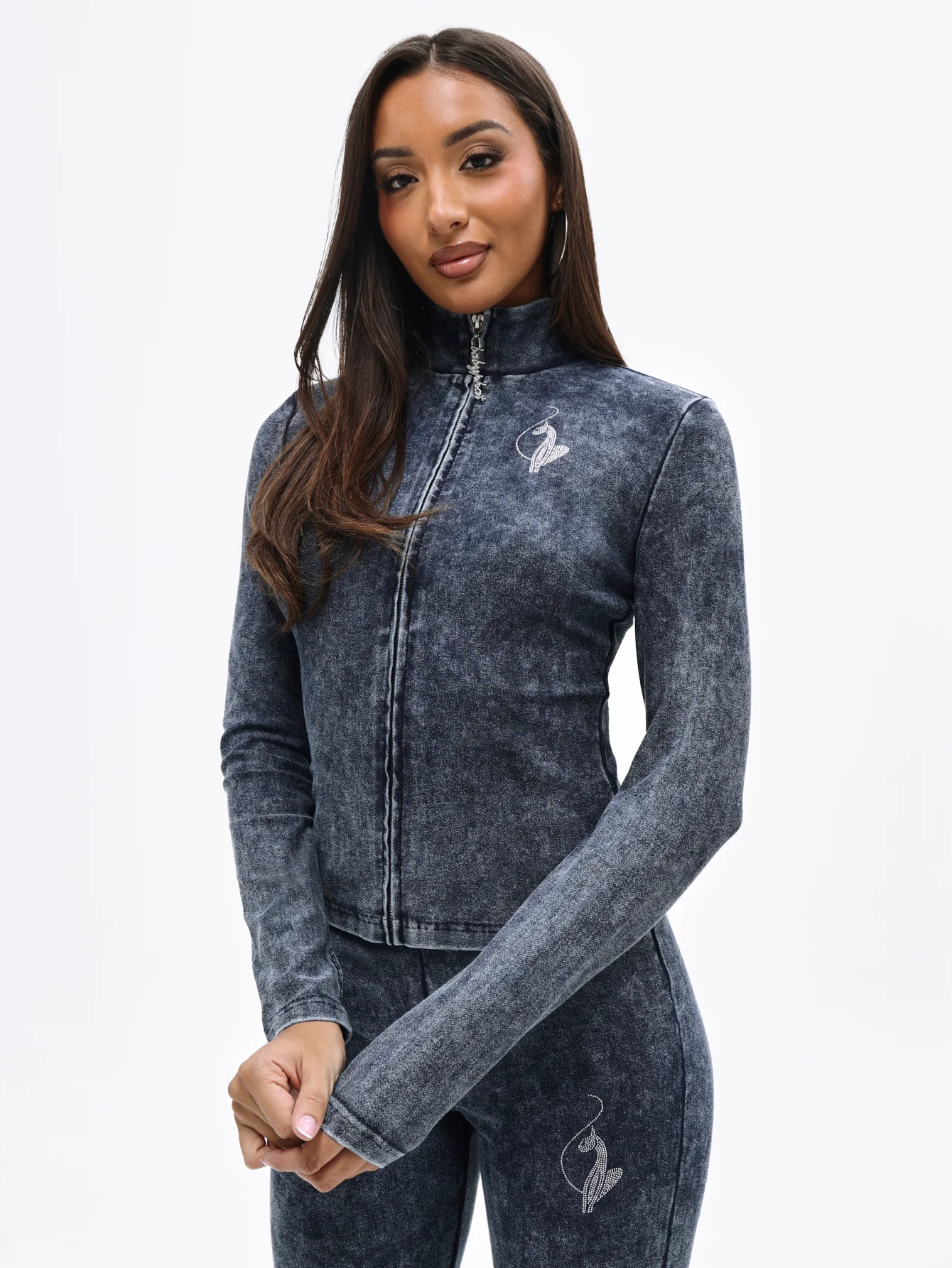 Denim Wash Funnel Neck High Neck Zip Top - Image 3