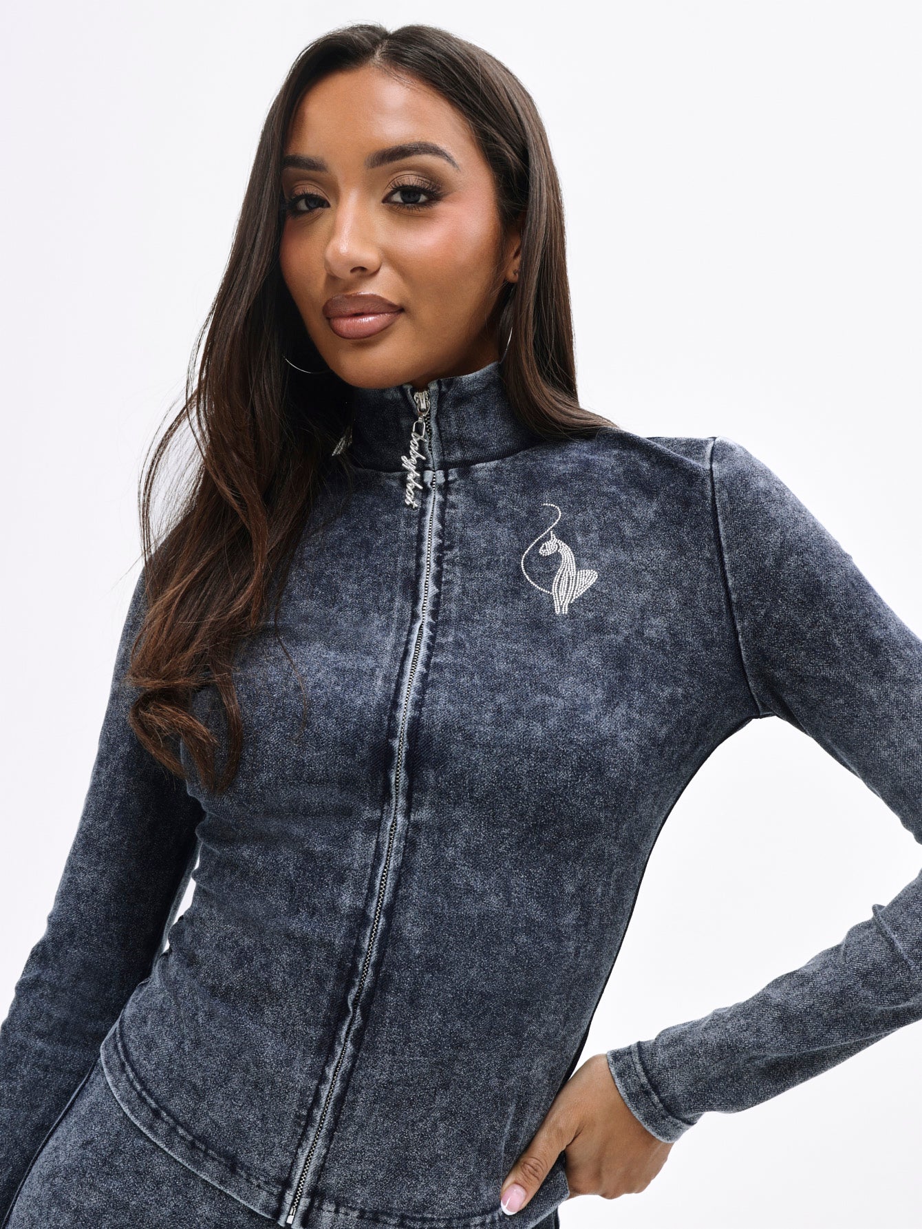 Denim Wash Funnel Neck High Neck Zip Top - Image 4