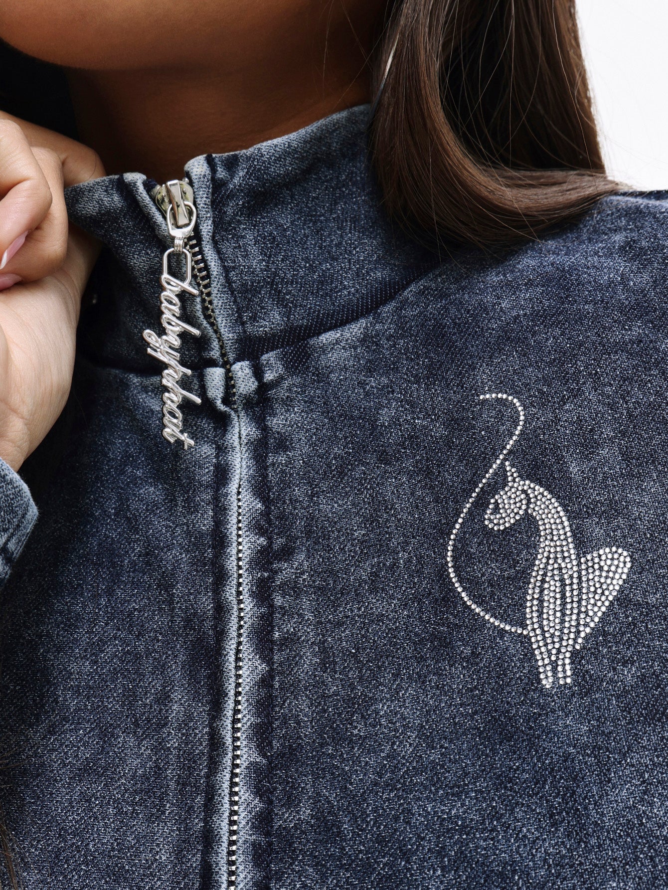 Denim Wash Funnel Neck High Neck Zip Top - Image 5