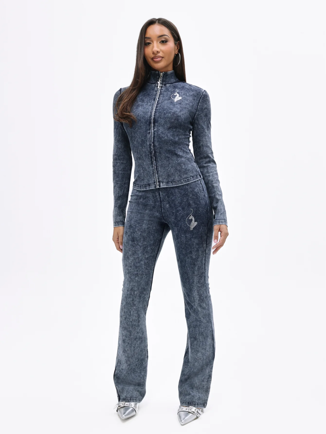 Denim Wash Funnel Neck High Neck Zip Top - Image 7