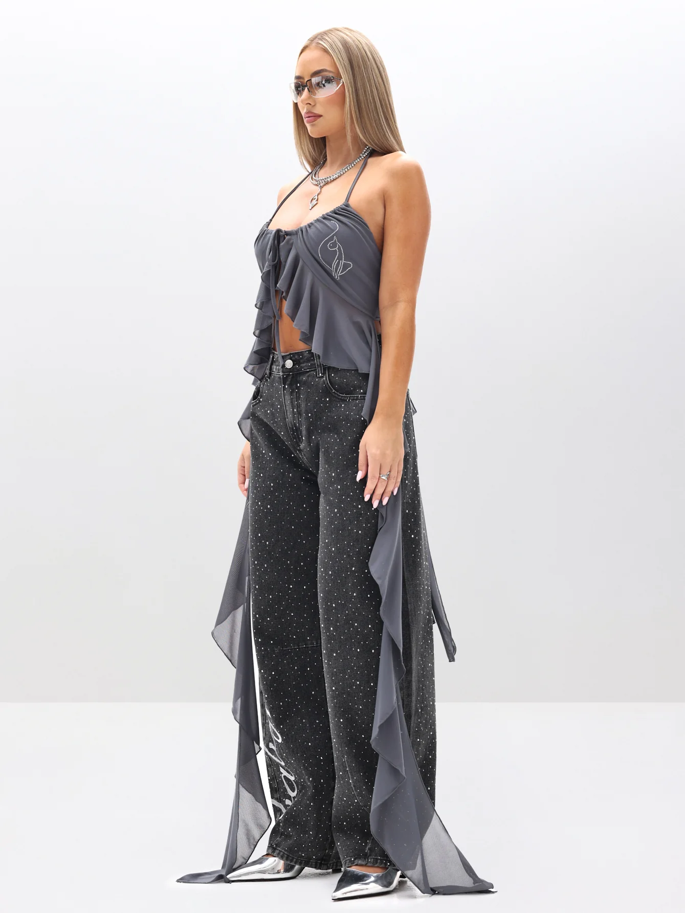 Halter Cami Mesh Waterfall Ruffle Top - Image 7