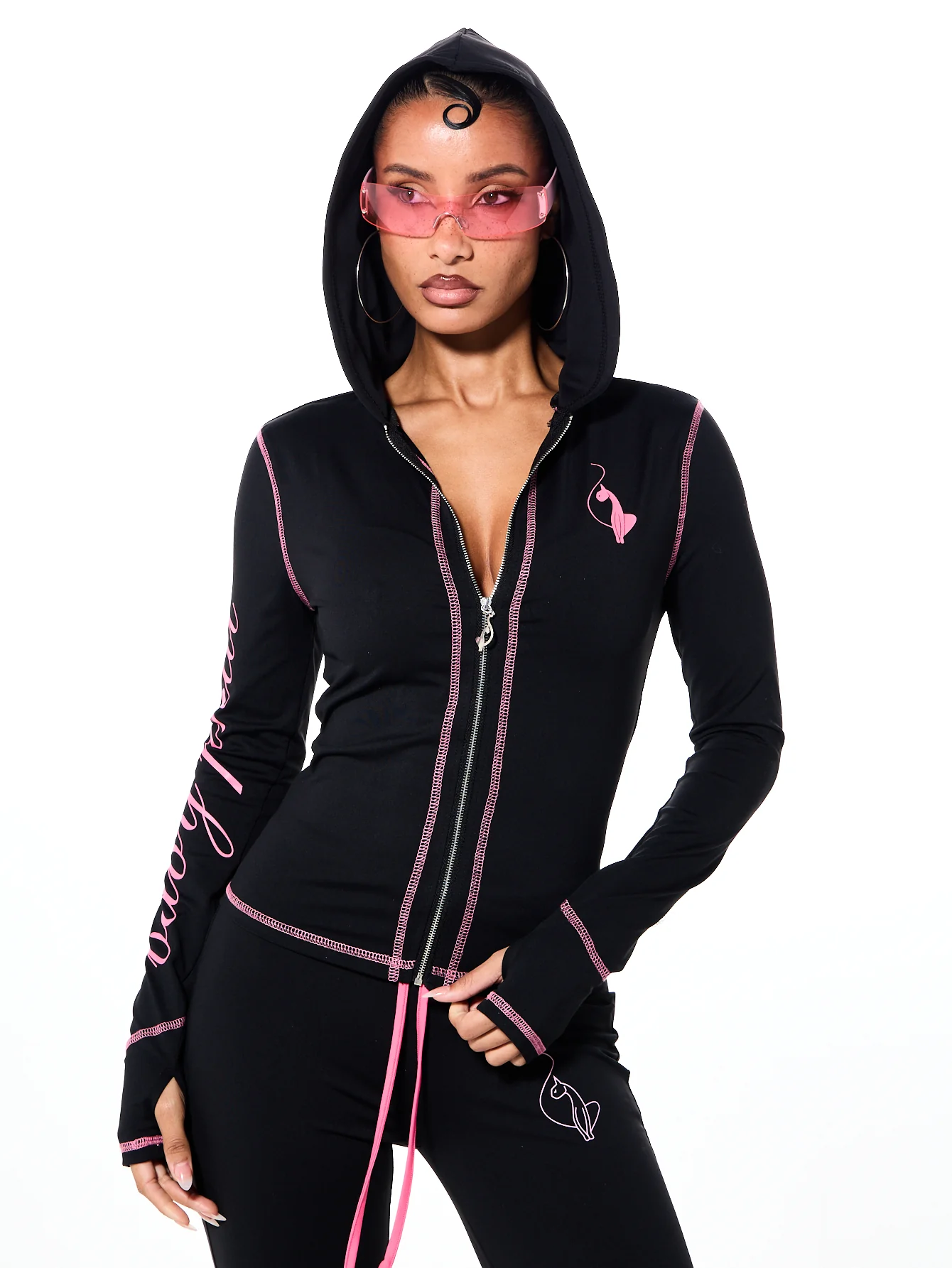 Hooded Jersey Zip Up with Contrast Detail