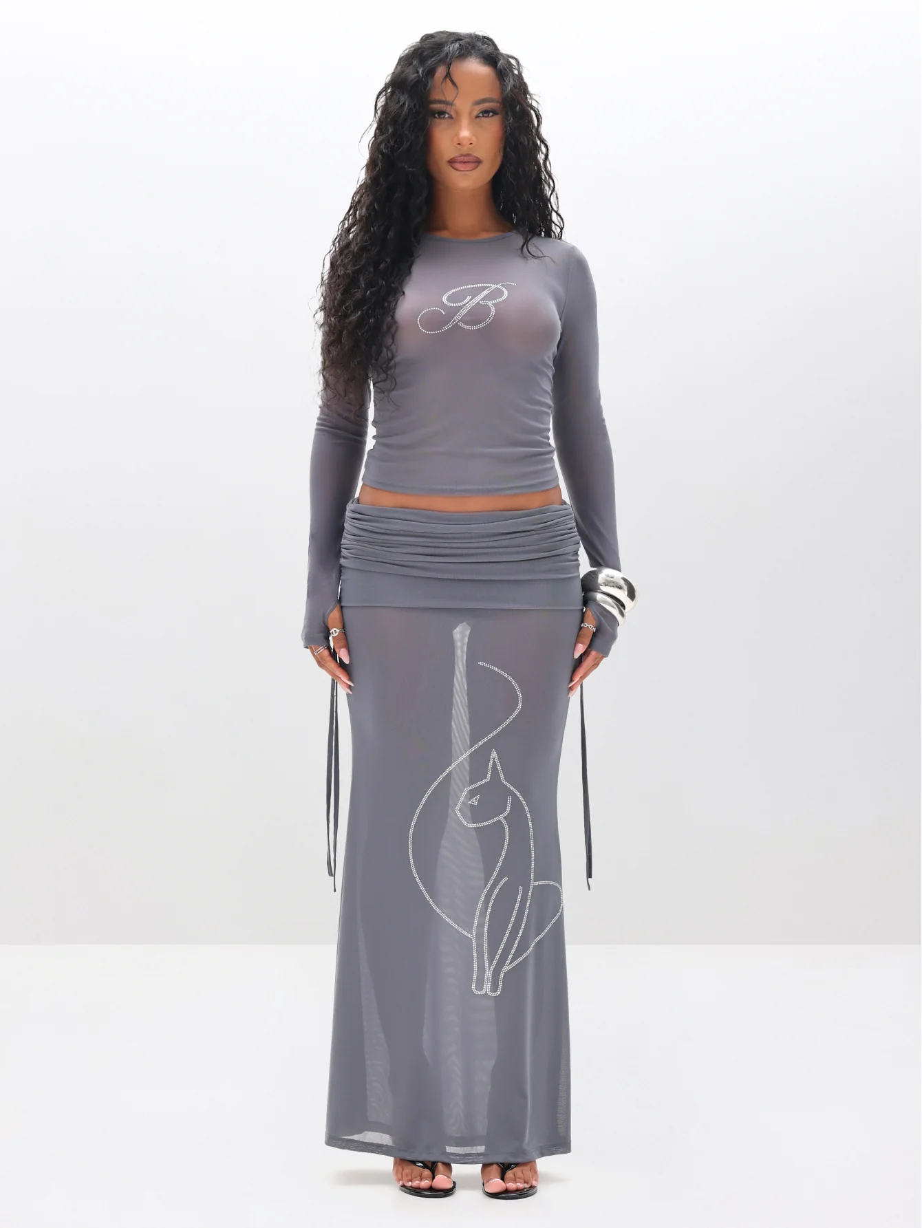 Long Sleeve Mesh Top with Rhinestones - Image 4