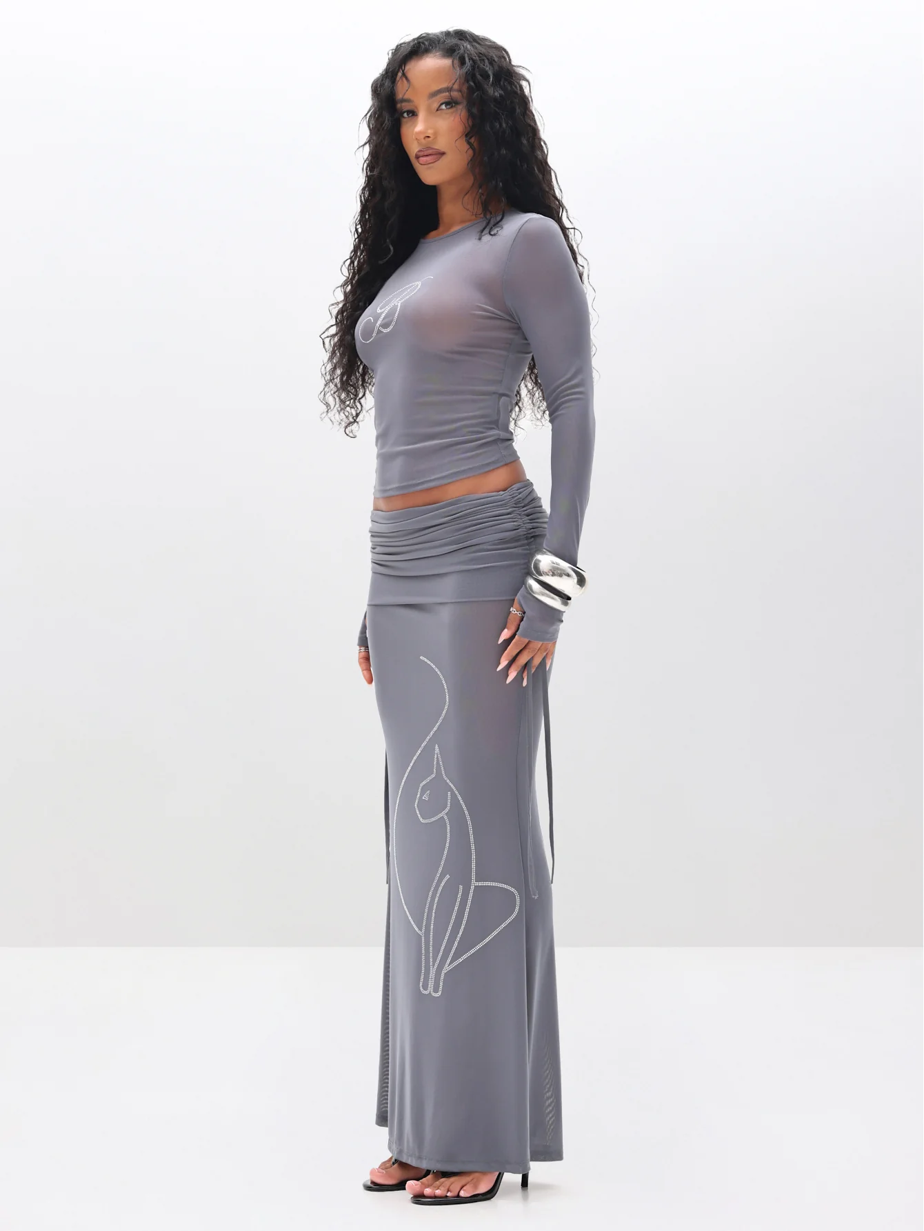Long Sleeve Mesh Top with Rhinestones - Image 5