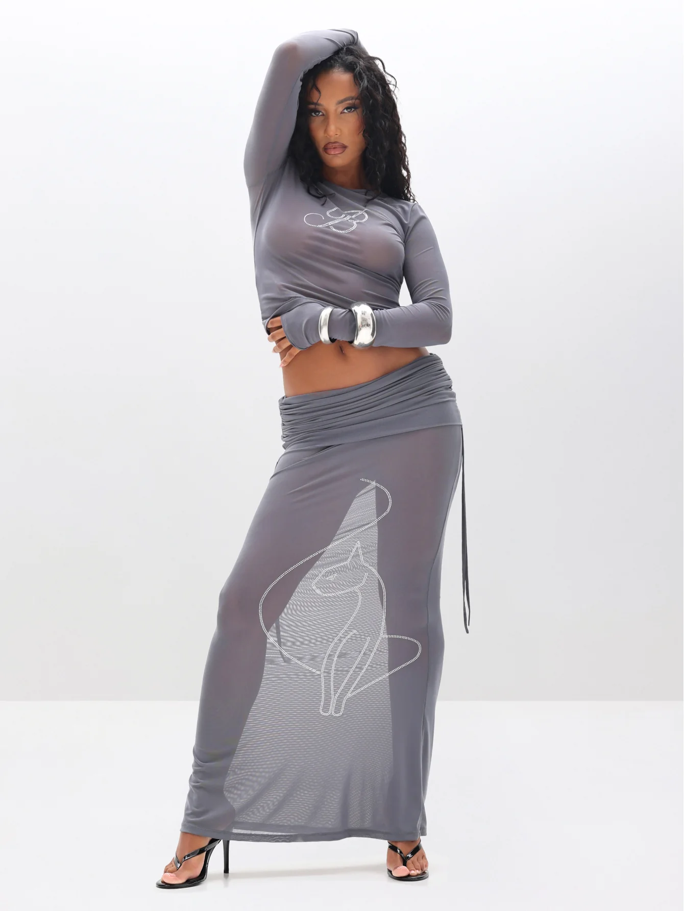 Long Sleeve Mesh Top with Rhinestones - Image 6