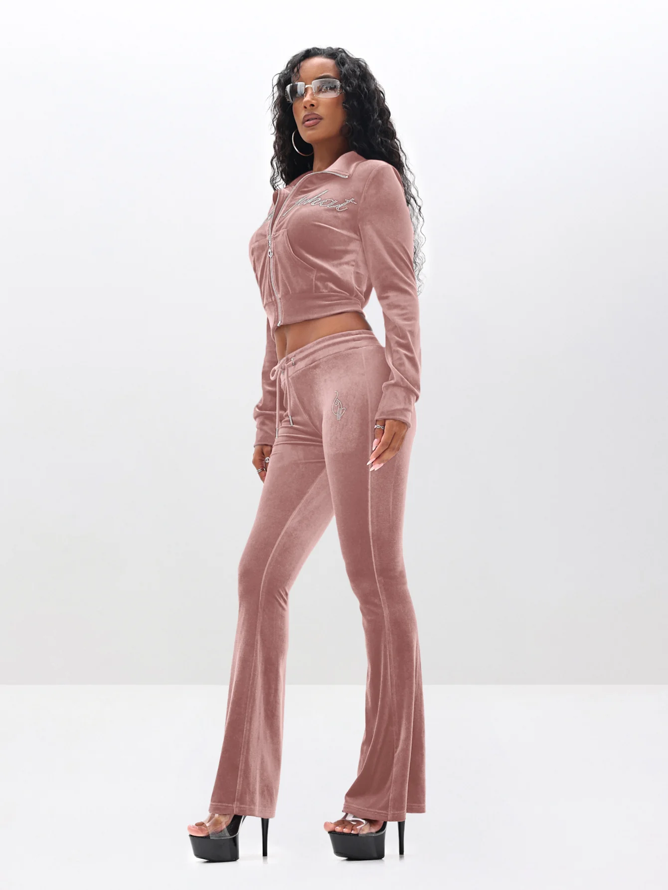 Low Rise Velour Sweatpants With Rhinestones - Image 3