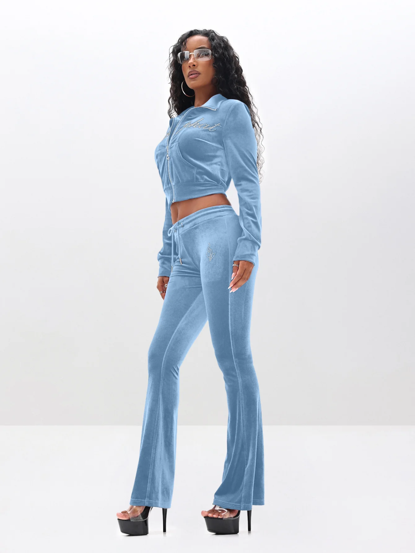 Low Rise Velour Sweatpants With Rhinestones