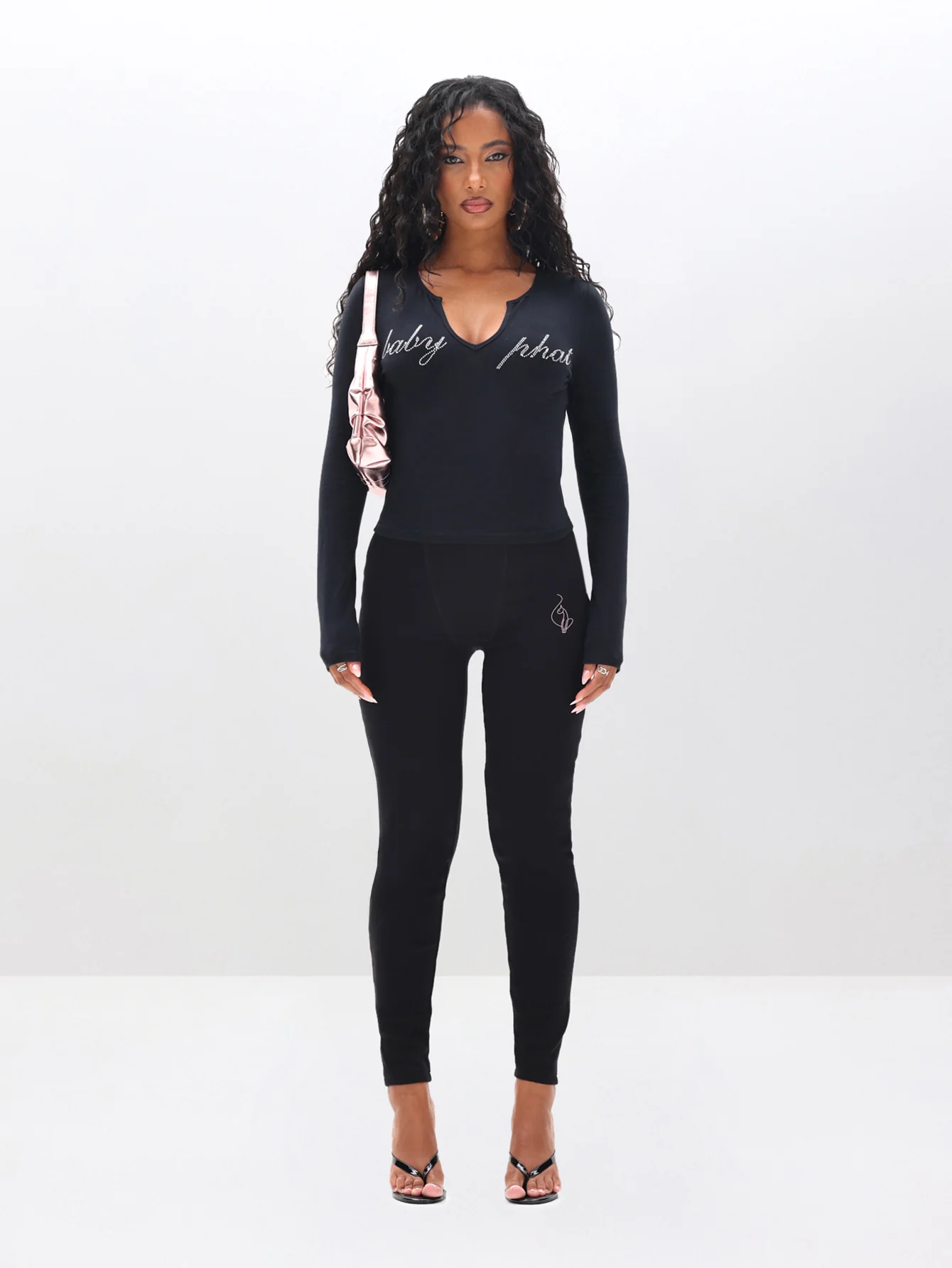 Rhinestone Logo Notch Neck Long Sleeve - Image 3