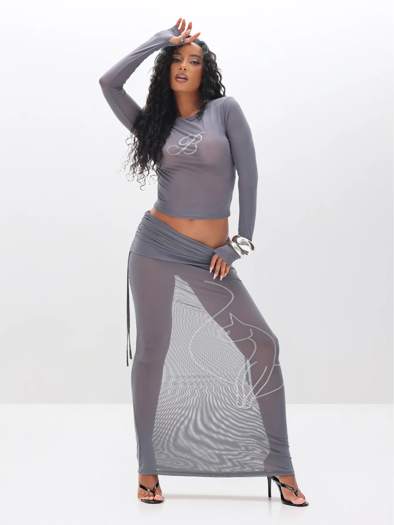 Ruched Mesh Maxi Skirt with Rhinestone - Image 3