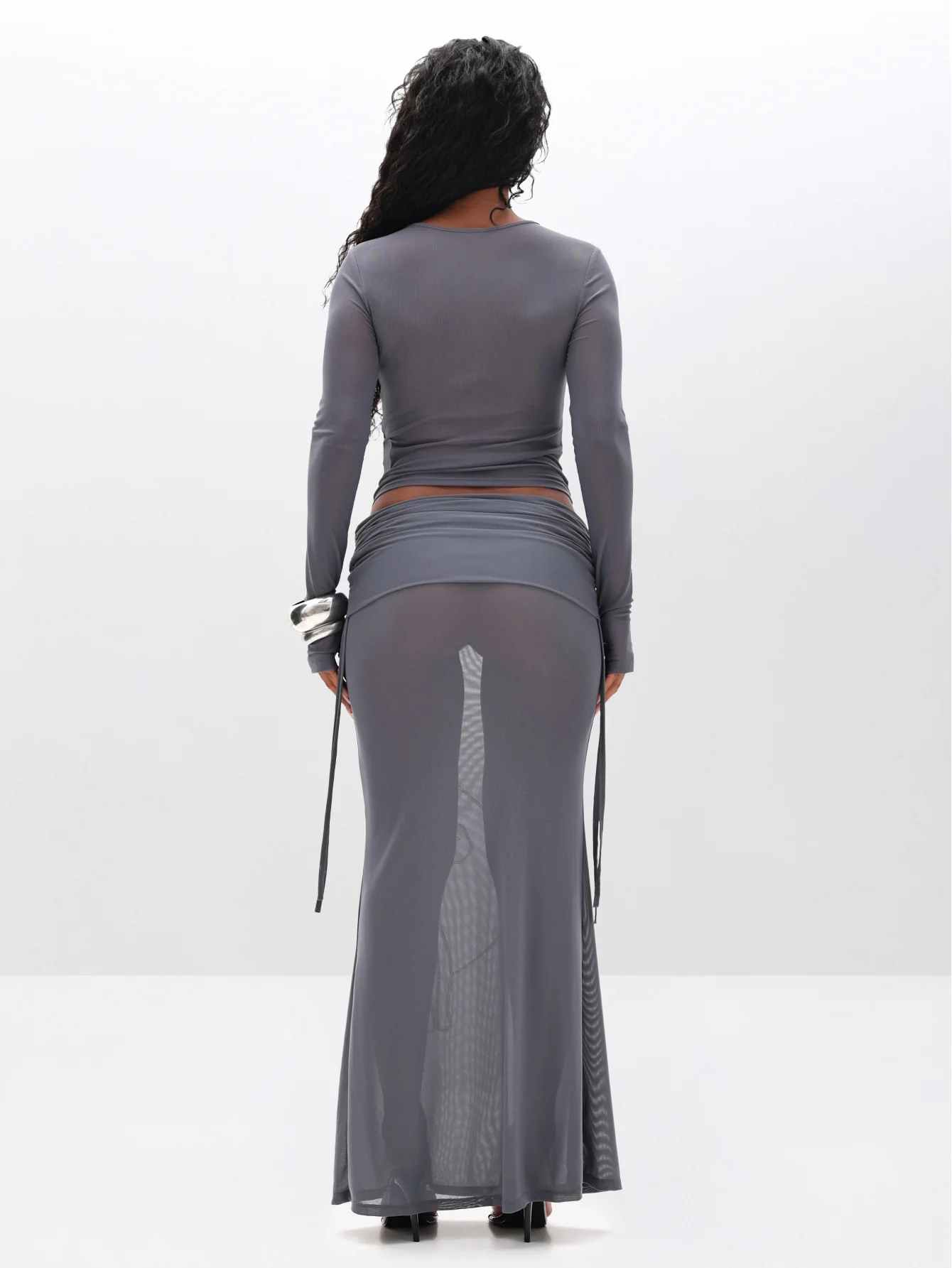 Ruched Mesh Maxi Skirt with Rhinestone - Image 4