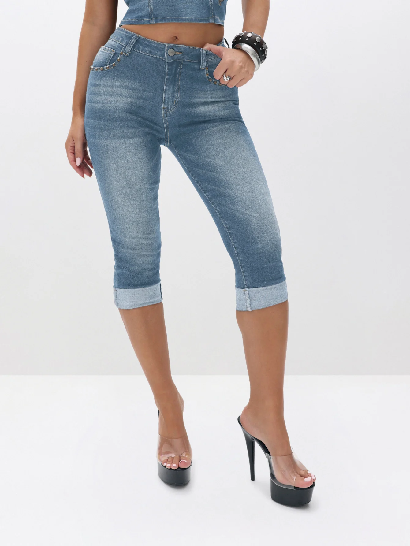 Stretch Denim Capri Jeans With Turn Up Hems