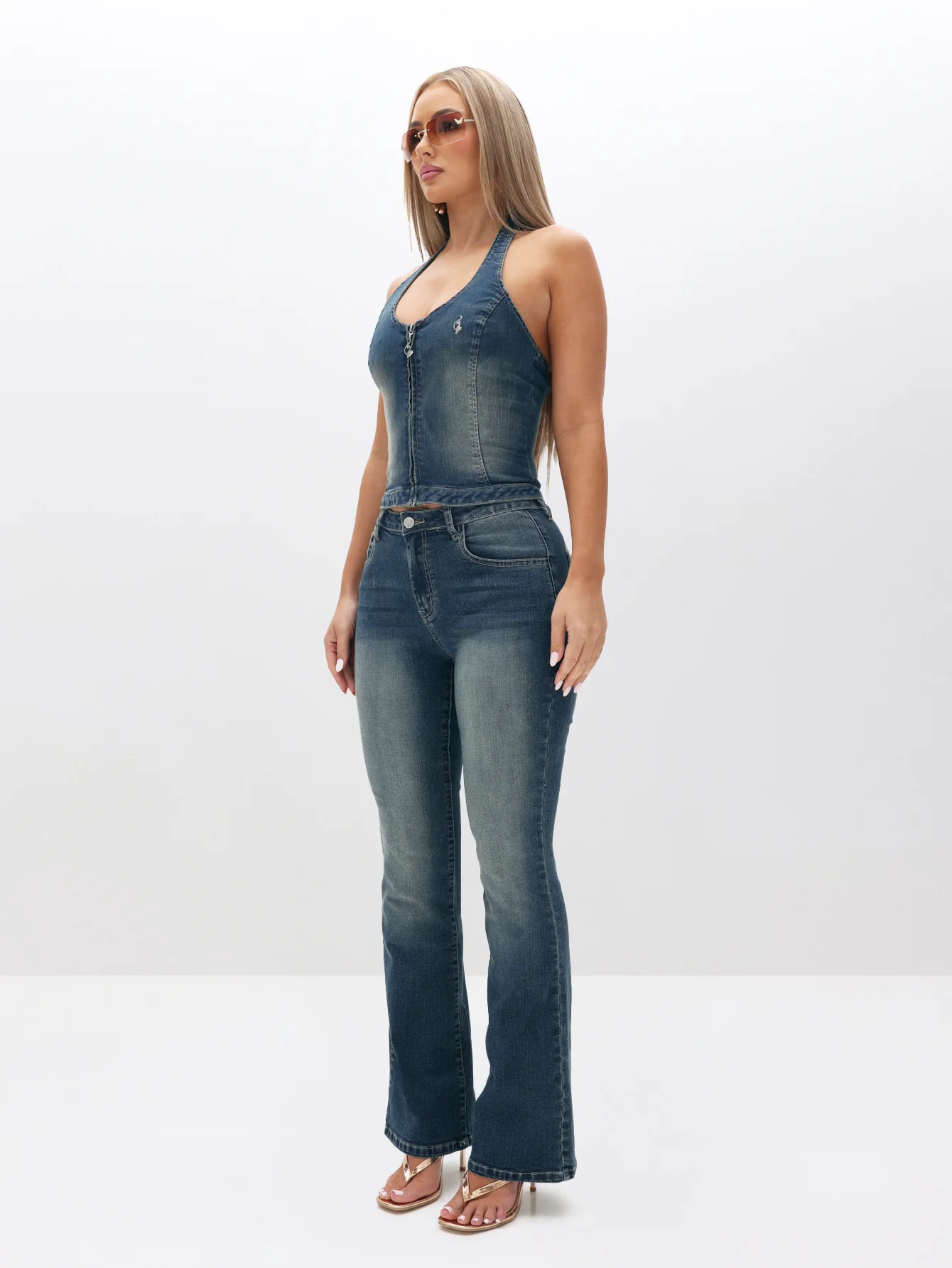 Stretch Denim Zip Halter Neck Top - Image 7