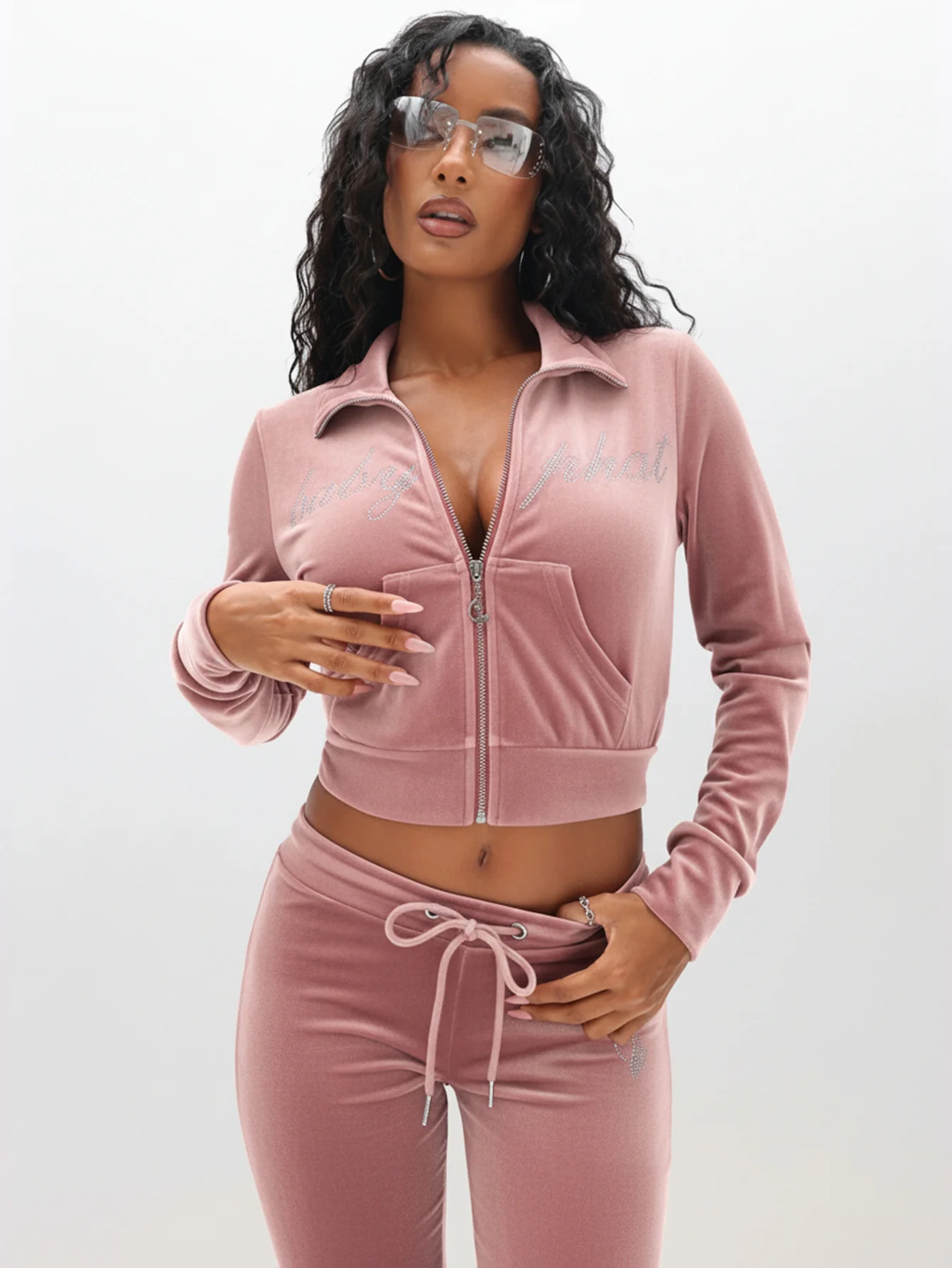Velour Funnel Neck Sweatshirt with Rhinestones - Image 2