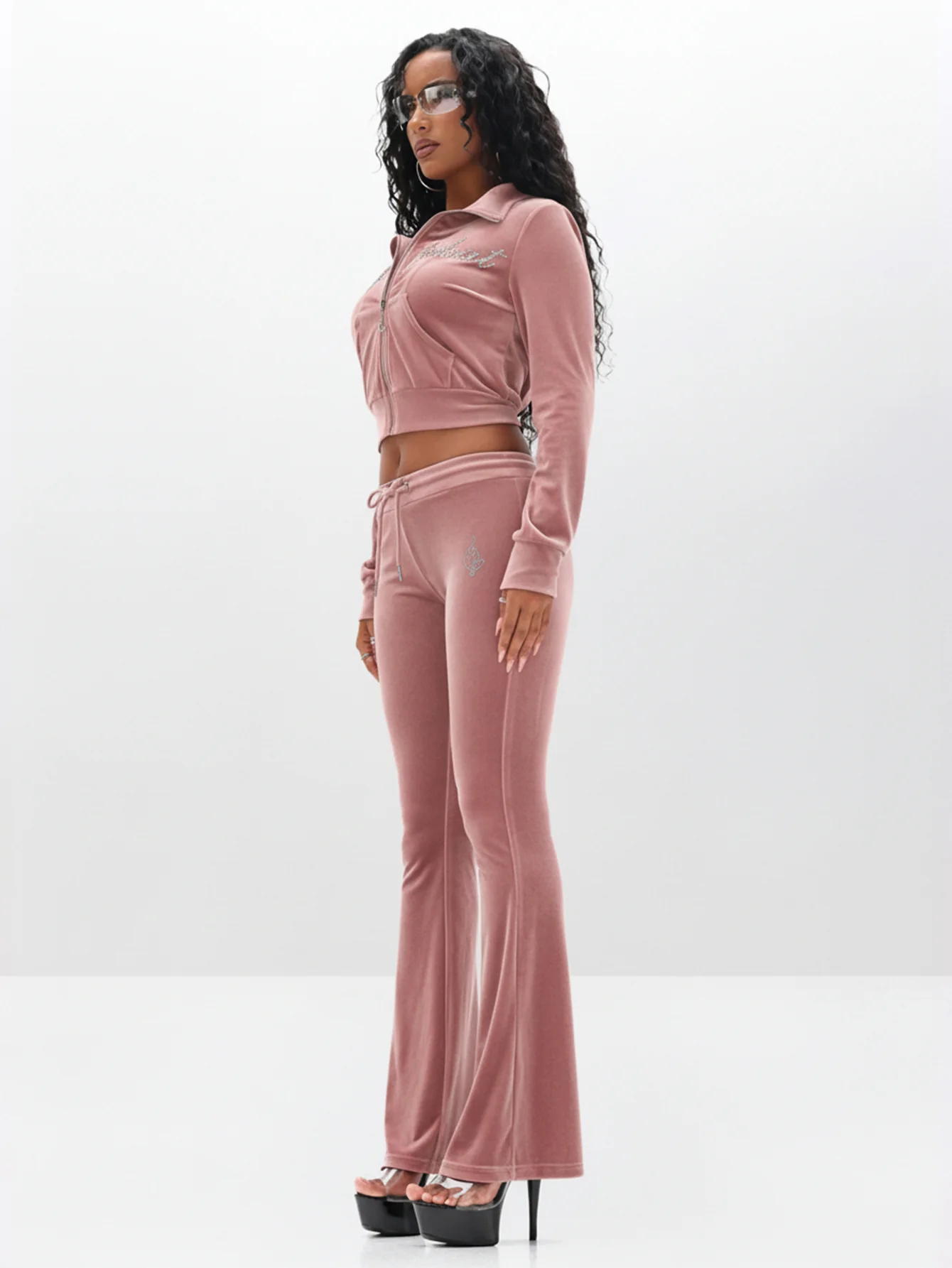 Velour Funnel Neck Sweatshirt with Rhinestones - Image 5