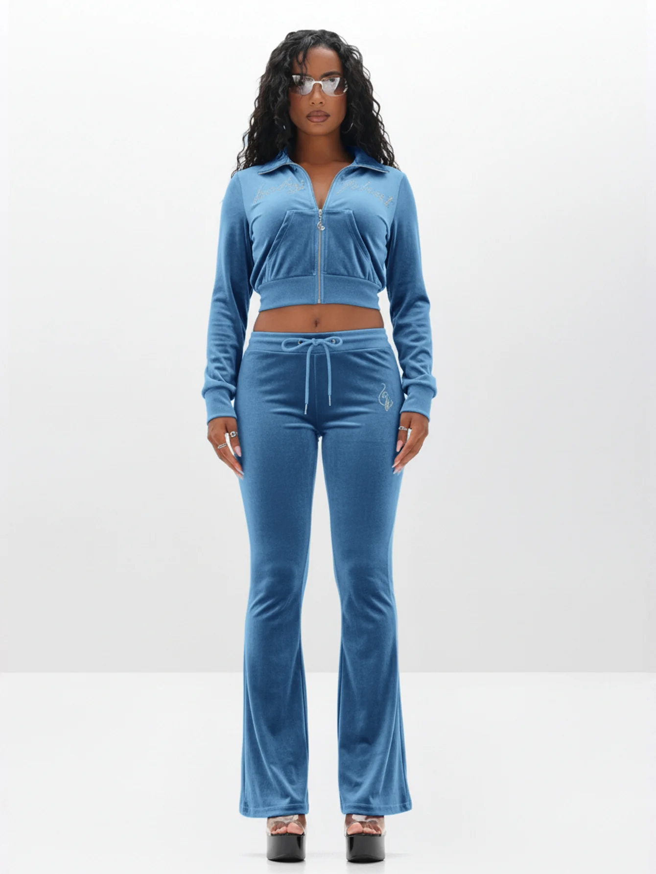 Velour Funnel Neck Sweatshirt with Rhinestones - Image 4