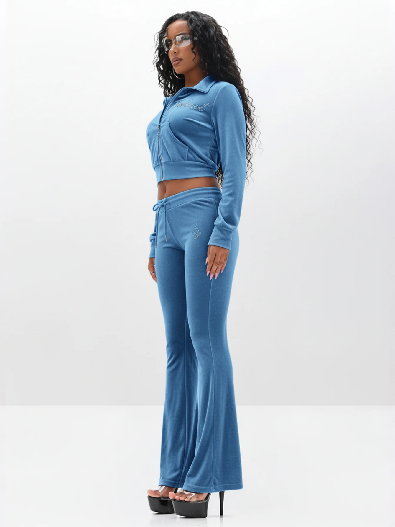 Velour Funnel Neck Sweatshirt with Rhinestones - Image 5