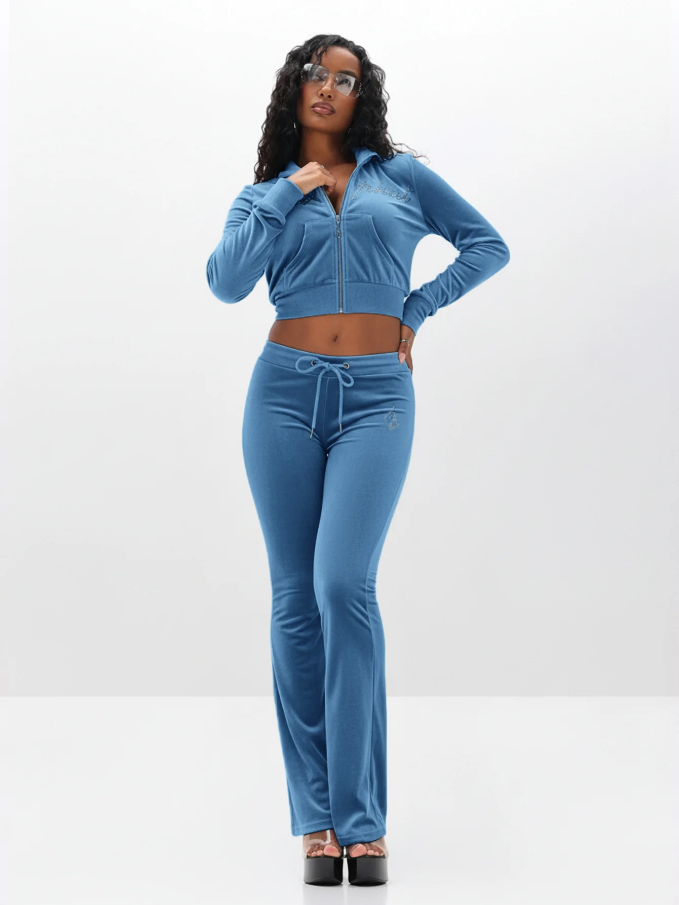 Velour Funnel Neck Sweatshirt with Rhinestones - Image 8