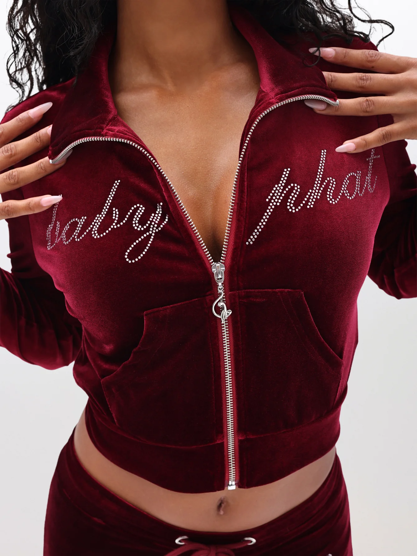Velour Funnel Neck Sweatshirt with Rhinestones - Image 3