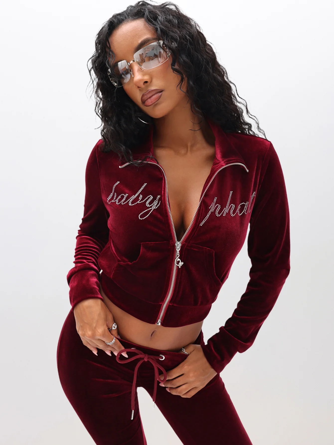 Velour Funnel Neck Sweatshirt with Rhinestones - Image 4
