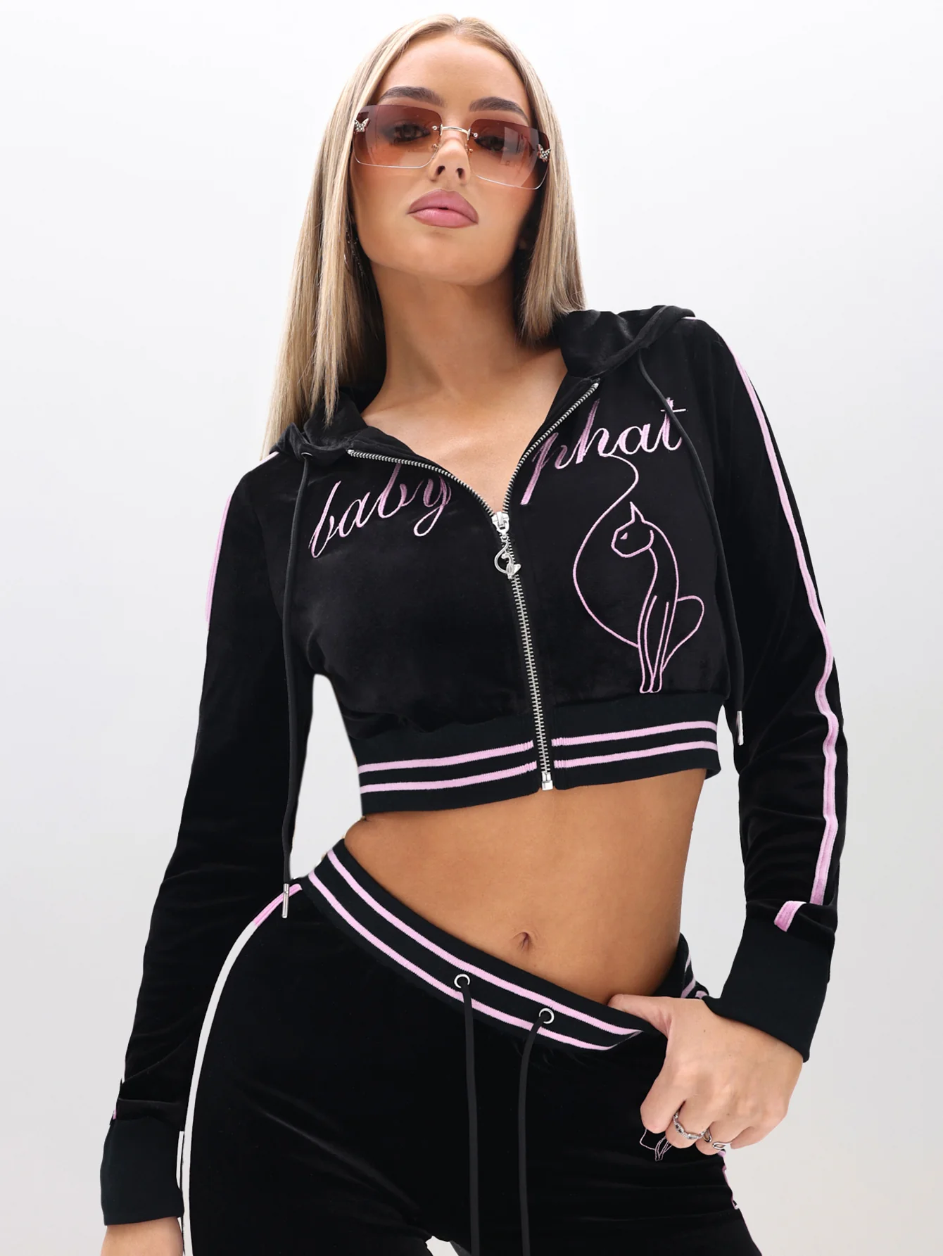 Cropped Velour Zip Up Sweatshirt